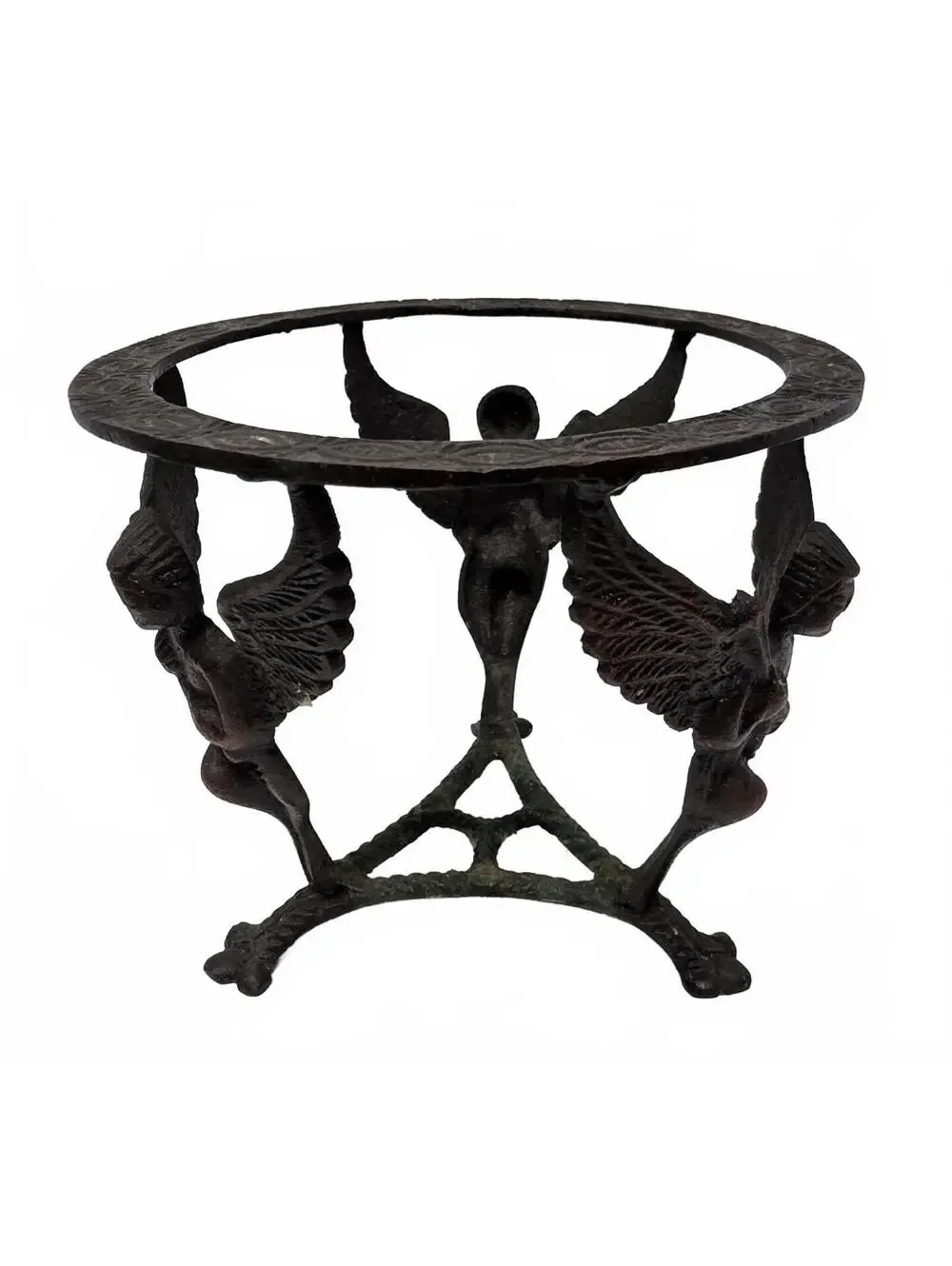 Vintage Brass or Bronze Angel Bowl Stand Verdigris Tripod Pedestal